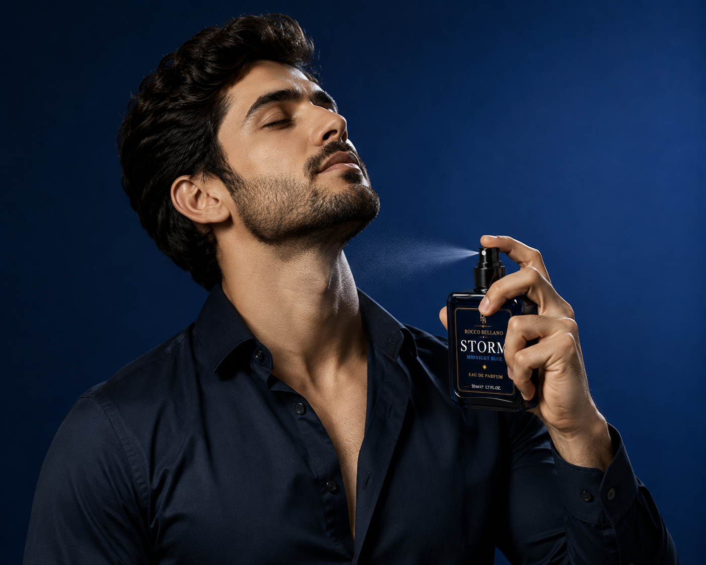 Man spraying cologne from a bottle labeled 'STORM' against a dark blue background