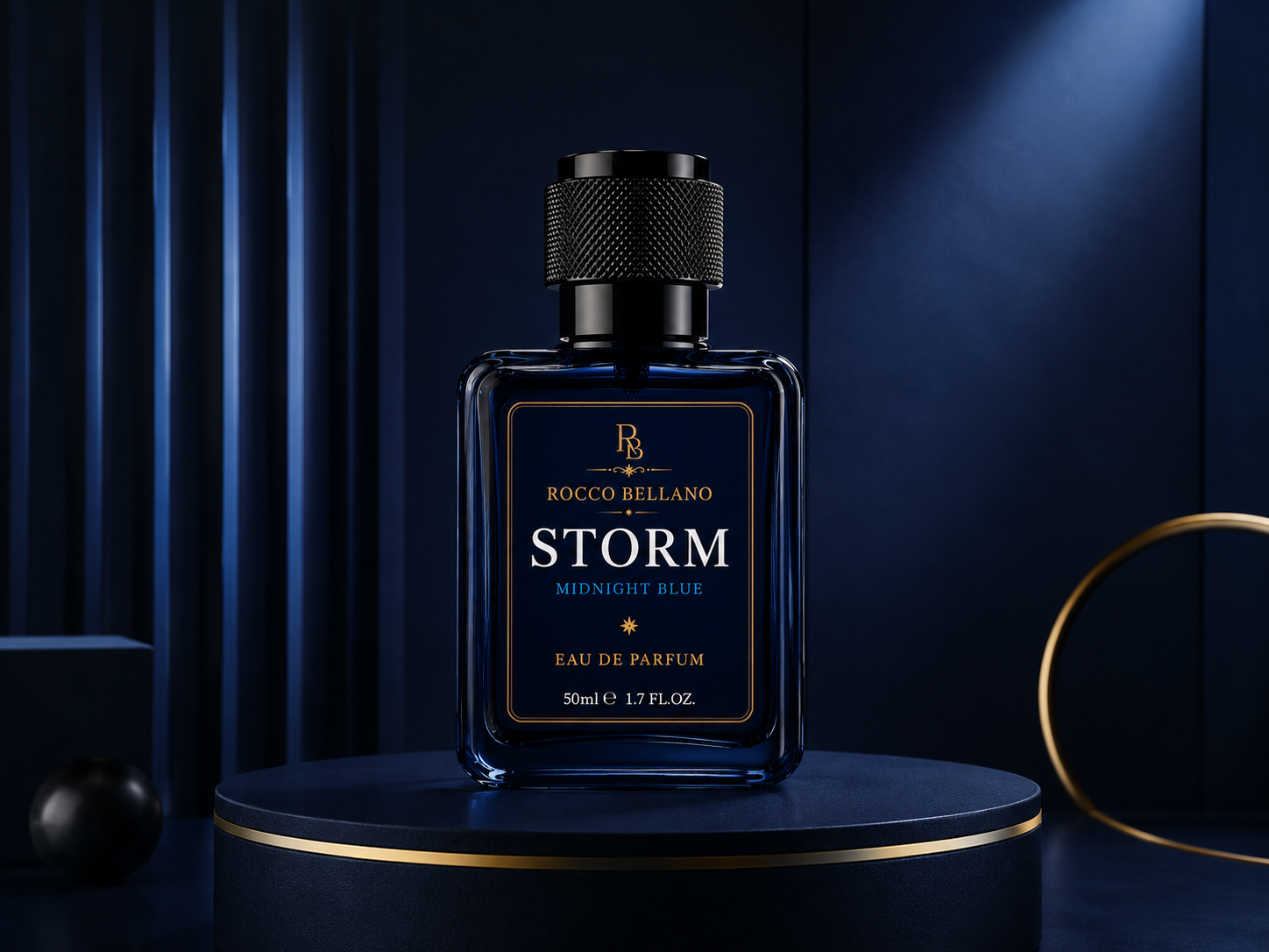Rocco Bellano Storm Midnight Blue Eau de Parfum bottle on a dark blue background