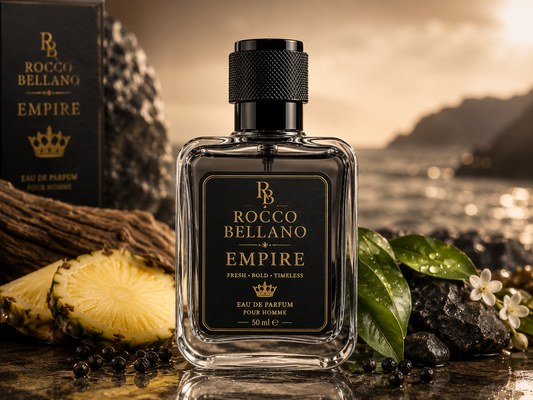 Rocco Bellano Empire perfume bottle with packaging and natural elements on a scenic background