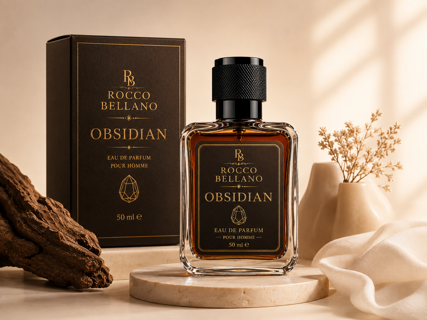Rocco Bellano Obsidian perfume bottle and packaging on a neutral background
