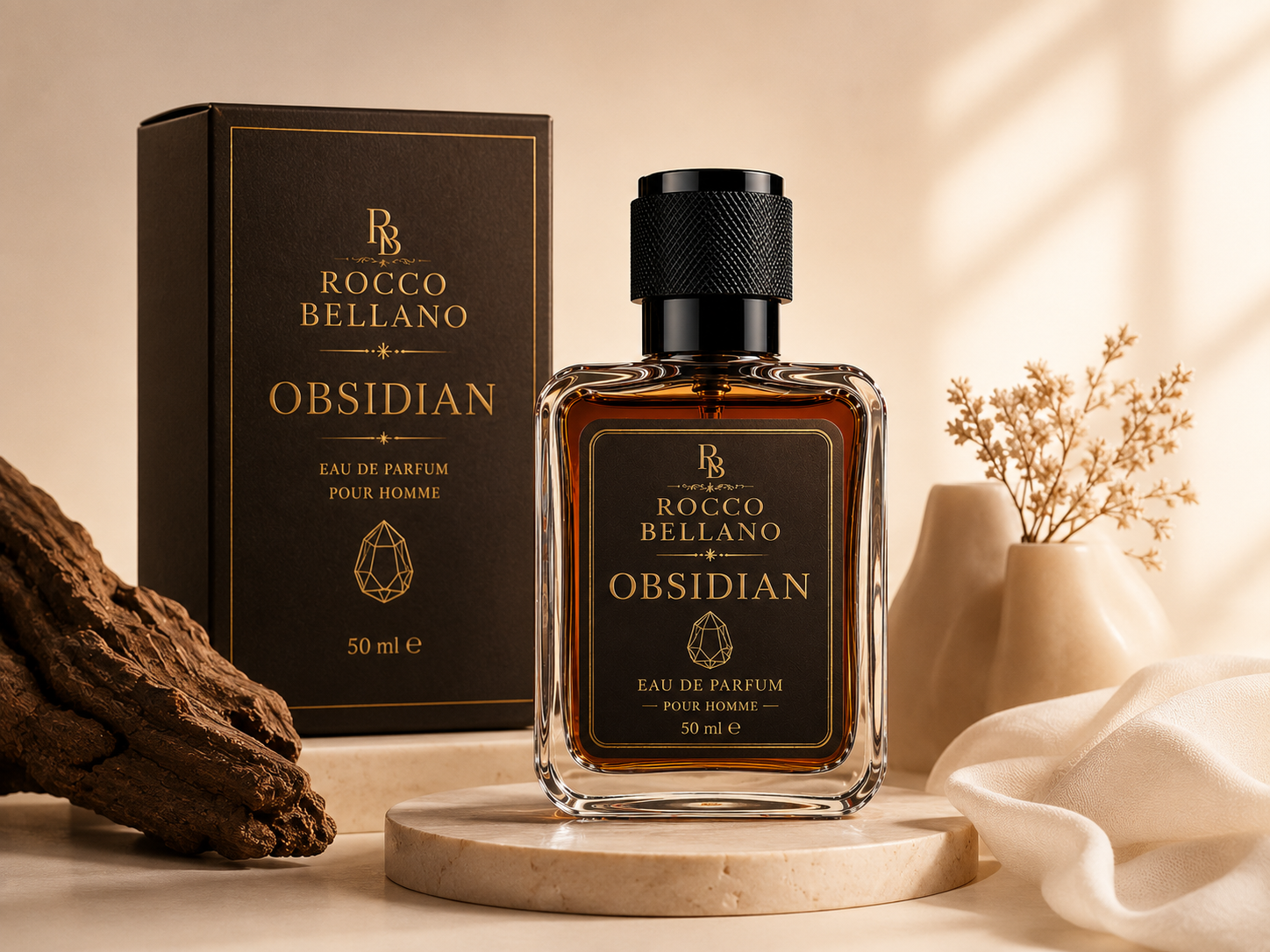 Rocco Bellano Obsidian perfume bottle and packaging on a neutral background