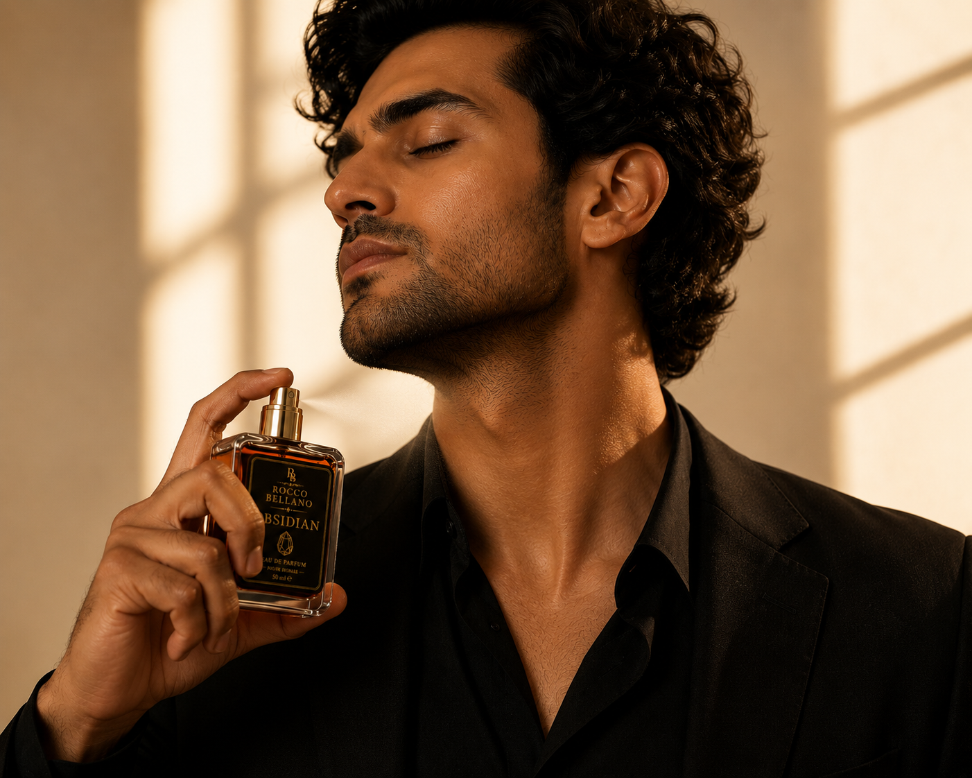 Man holding a perfume bottle with a warm, soft light background