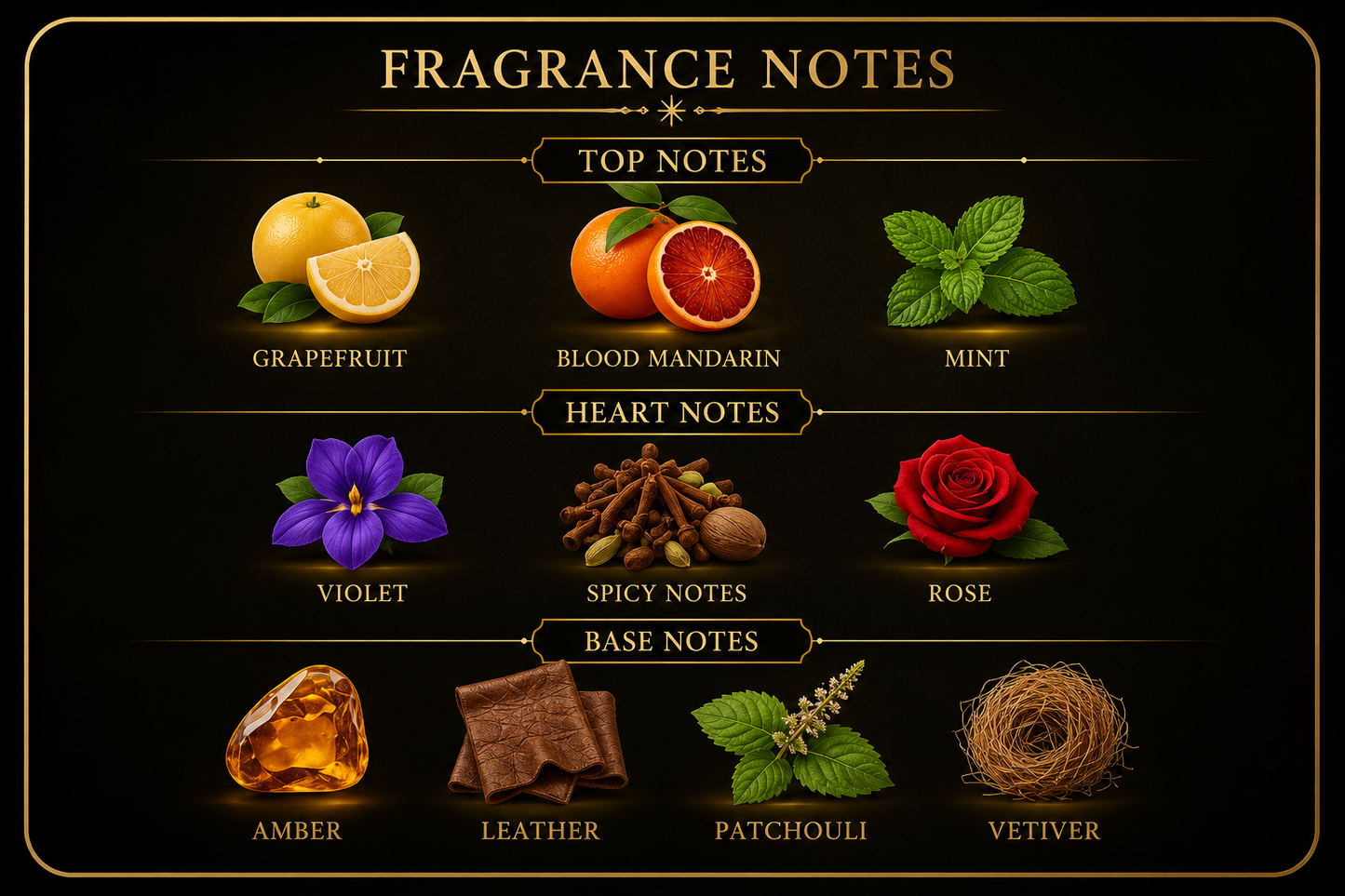 Diagram of fragrance notes with corresponding botanical images on a dark background