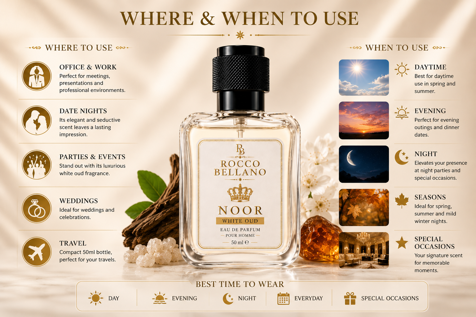 Rococo Bellano Noor perfume bottle with usage instructions and time of day recommendations on a beige background