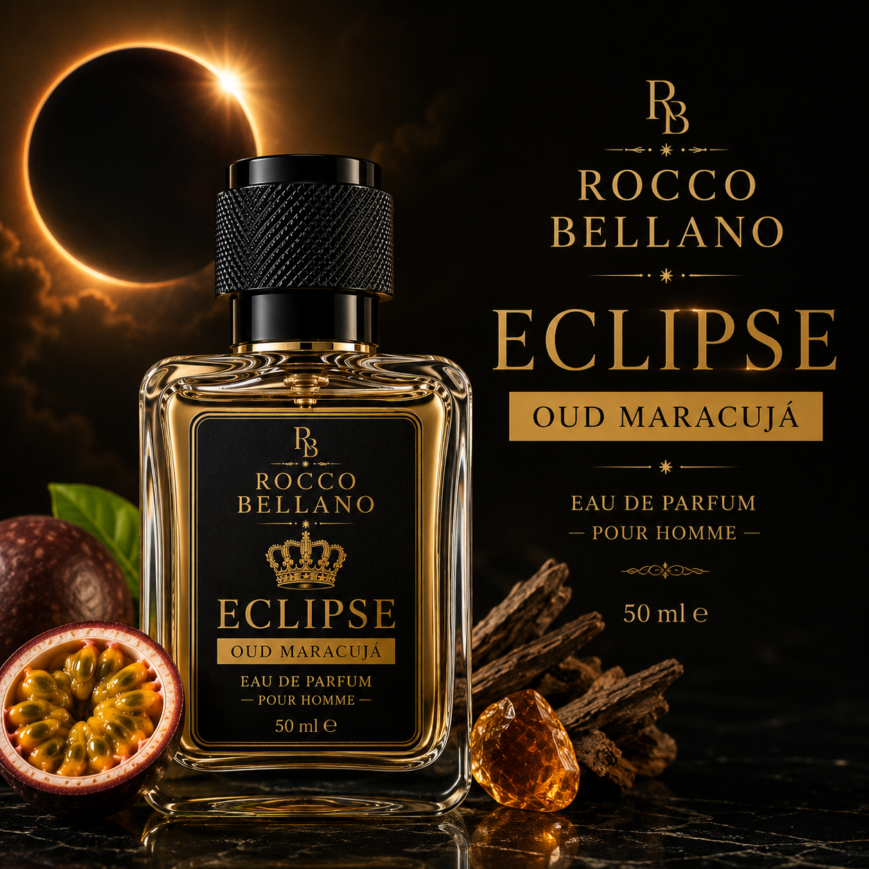 Rocco Bellano Eclipse Oud Maracuja perfume bottle with eclipse and ingredients on a dark background
