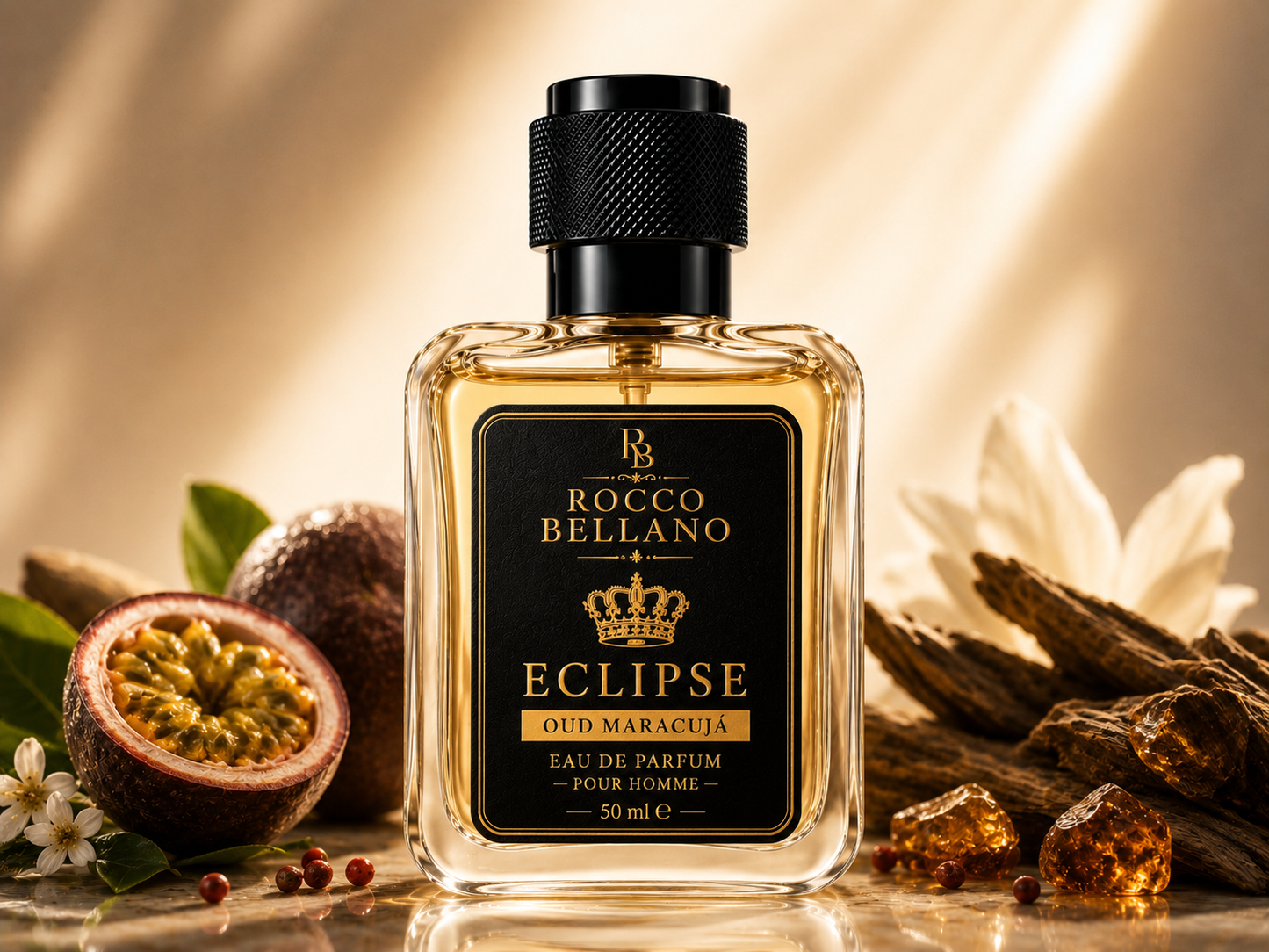 Rocco Bellano Eclipse Oud Maracuja perfume bottle with ingredients on a warm background