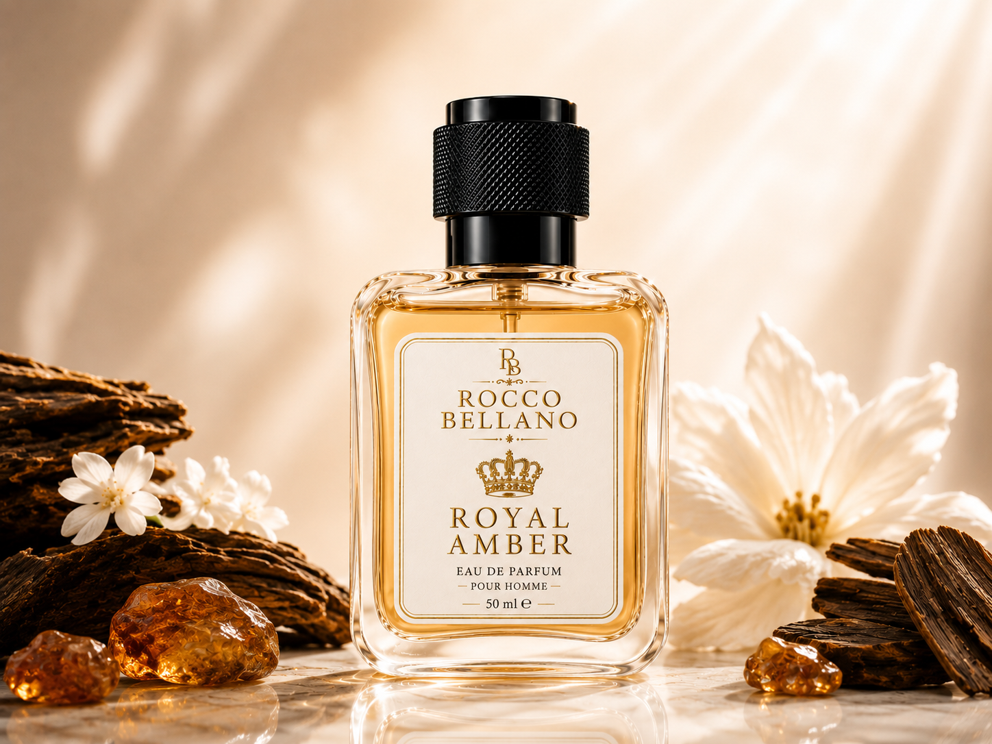 Rocco Bellano Royal Amber perfume bottle with decorative elements on a warm background