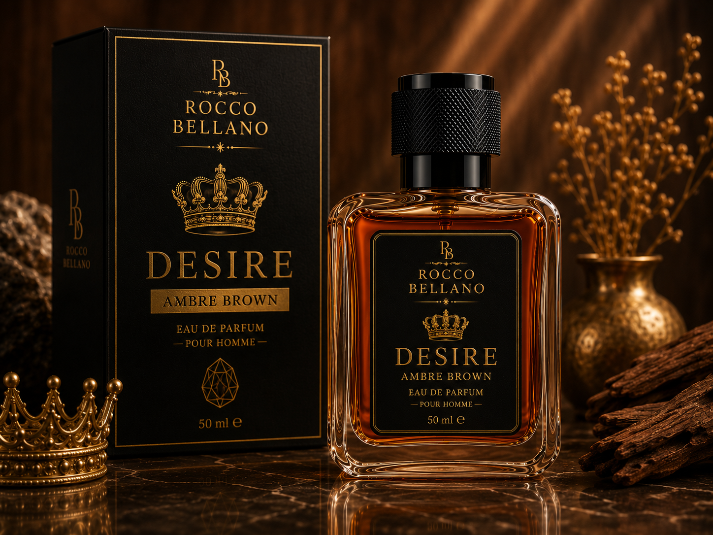 Rocco Bellano Desire Ambre Brown perfume bottle and packaging on a reflective surface with decorative elements.