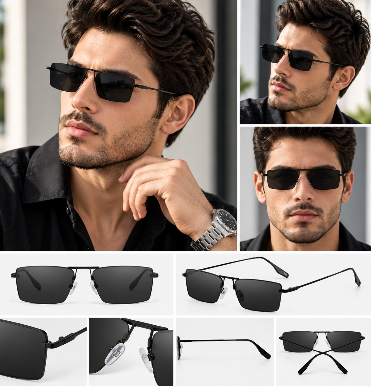 Rocco Bellano Gold Rectangular Sunglasses for Men & Women – Black Lens