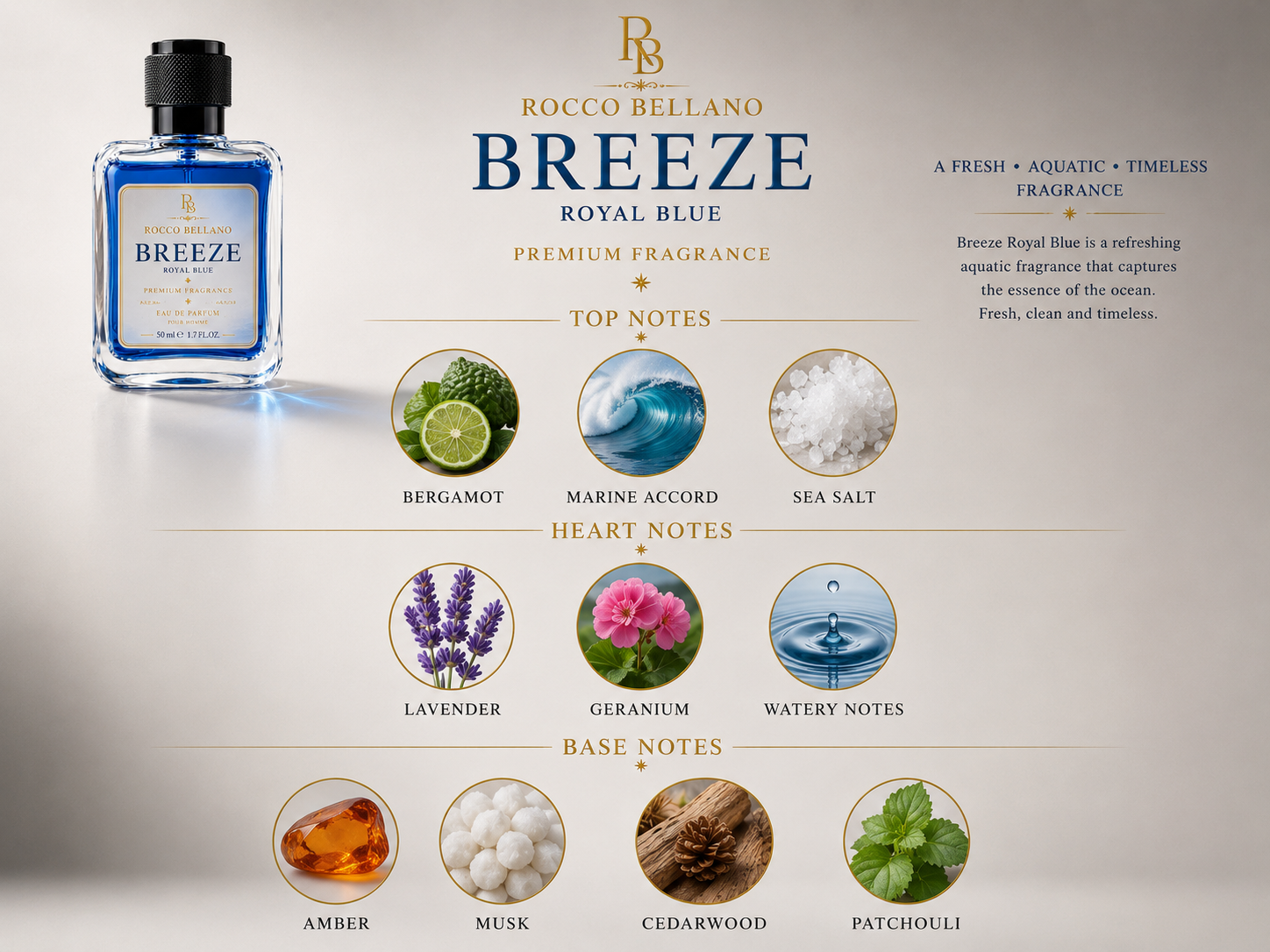 Rocco Bellano Breeze perfume bottle with fragrance notes on a light gray background