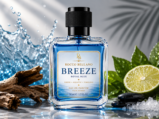 Rocco Bellomo Breeze Royal Blue perfume bottle with water splash and lime in the background