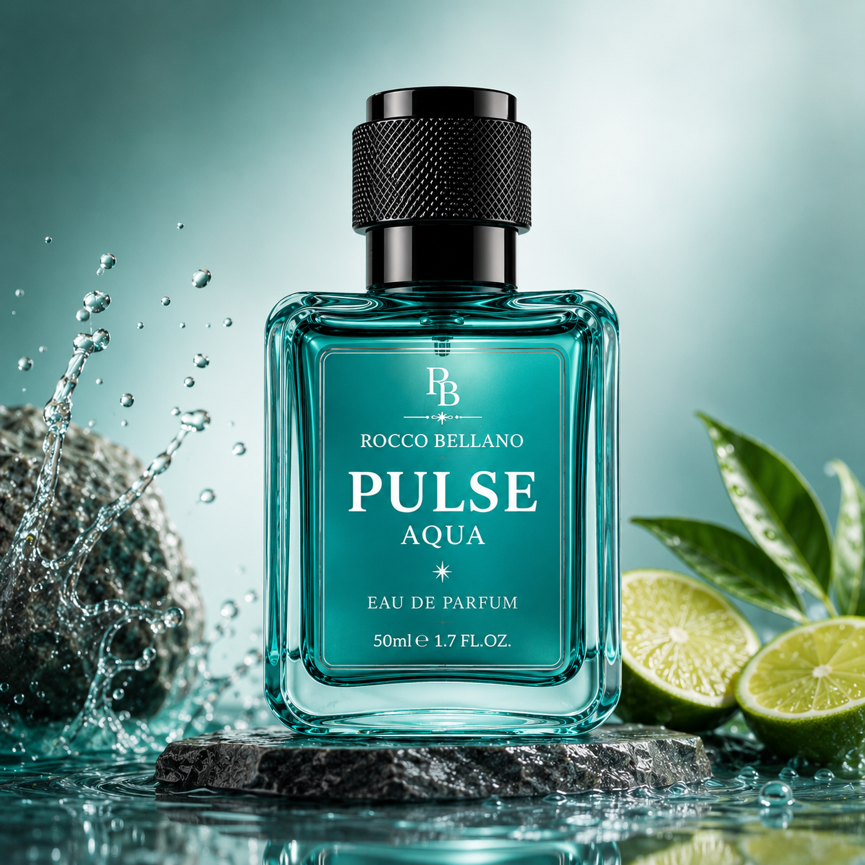 Rocco Bellano Pulse Aqua perfume bottle with water droplets and limes on a blue background