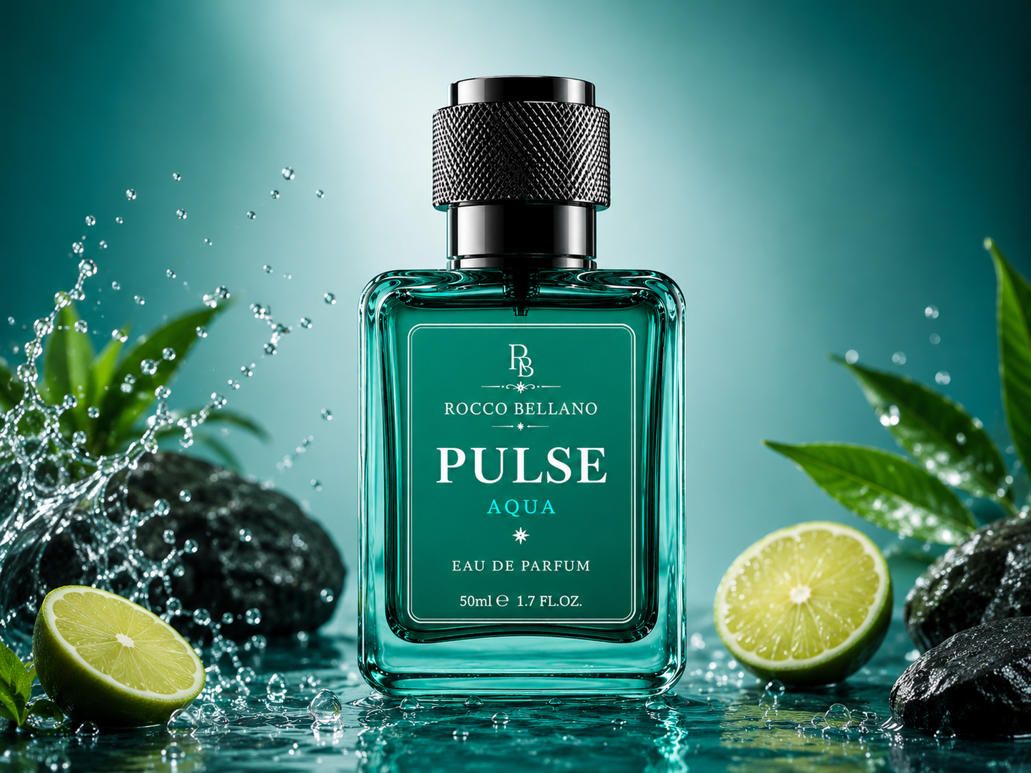 Rocco Bellano Pulse Aqua perfume bottle with limes and water droplets on a teal background