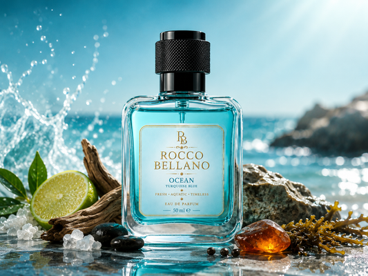Rocco Bellano Ocean perfume bottle with ocean elements on a rocky beach background