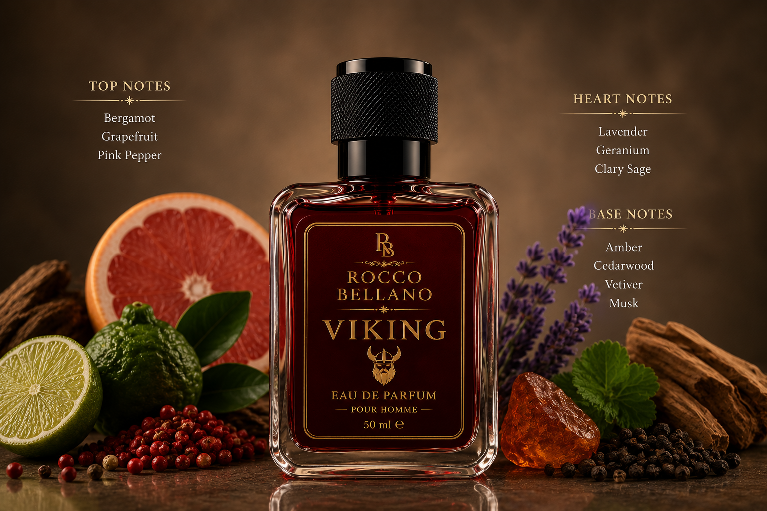 Rocco Bellano Viking perfume bottle with botanical elements on a wooden surface