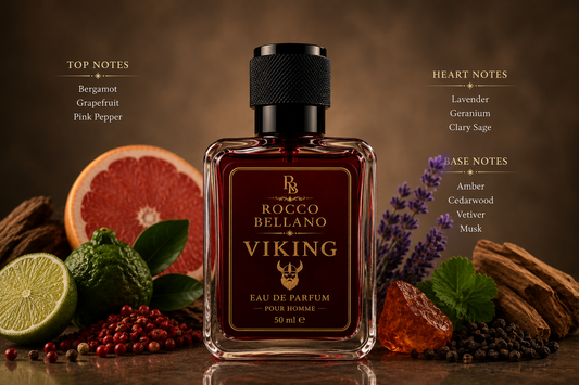 Rocco Bellano Viking perfume bottle with botanical elements on a wooden surface