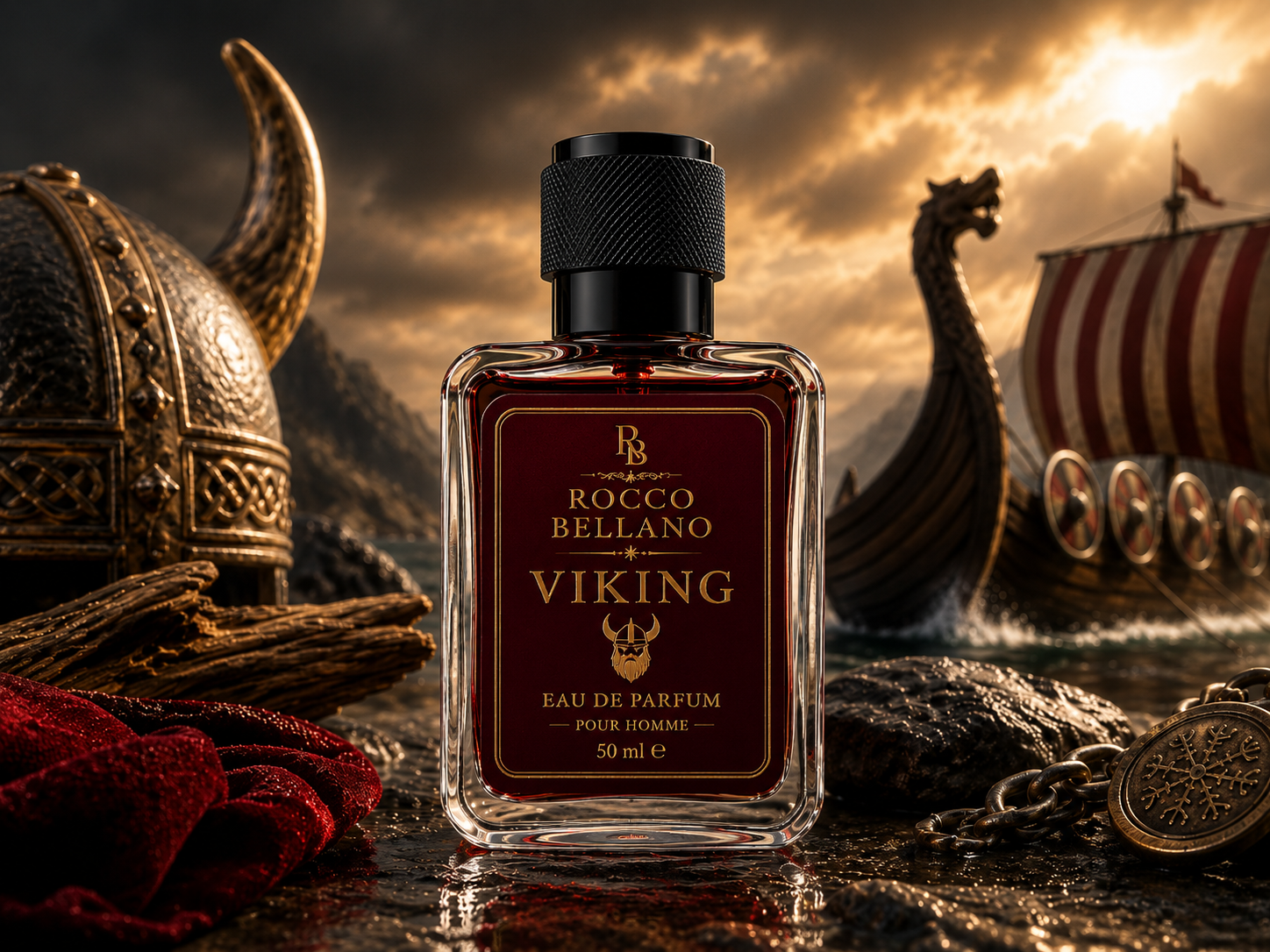 Rocco Bellano Viking perfume bottle with Viking helmet and ship in the background