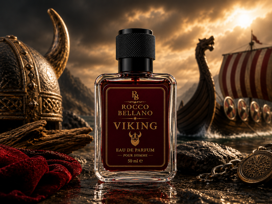 Rocco Bellano Viking perfume bottle with Viking helmet and ship in the background