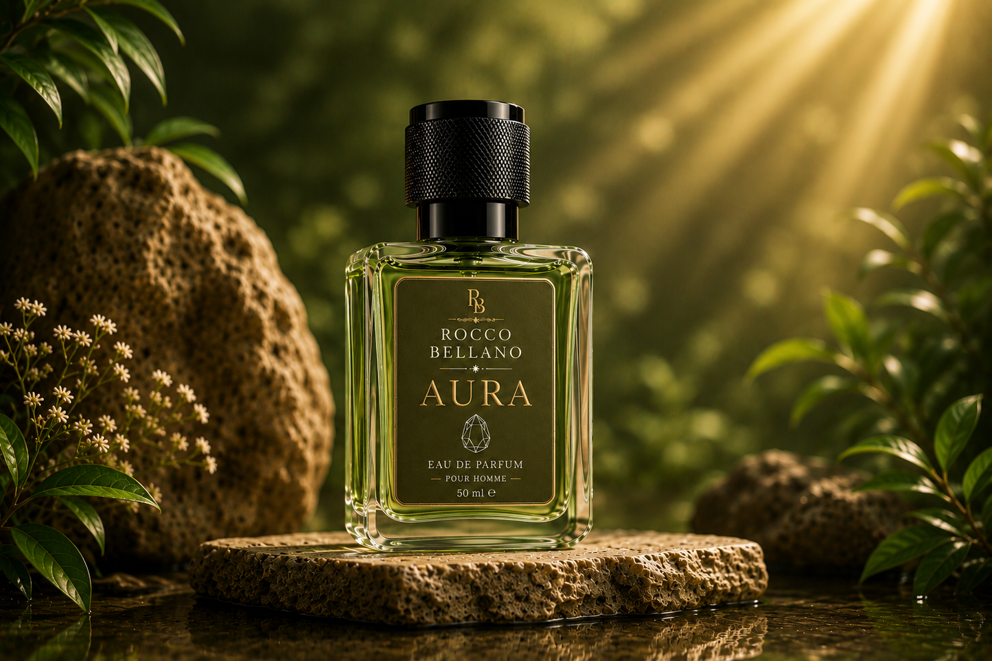 Bottle of Boccio Bellano Aura perfume with natural background