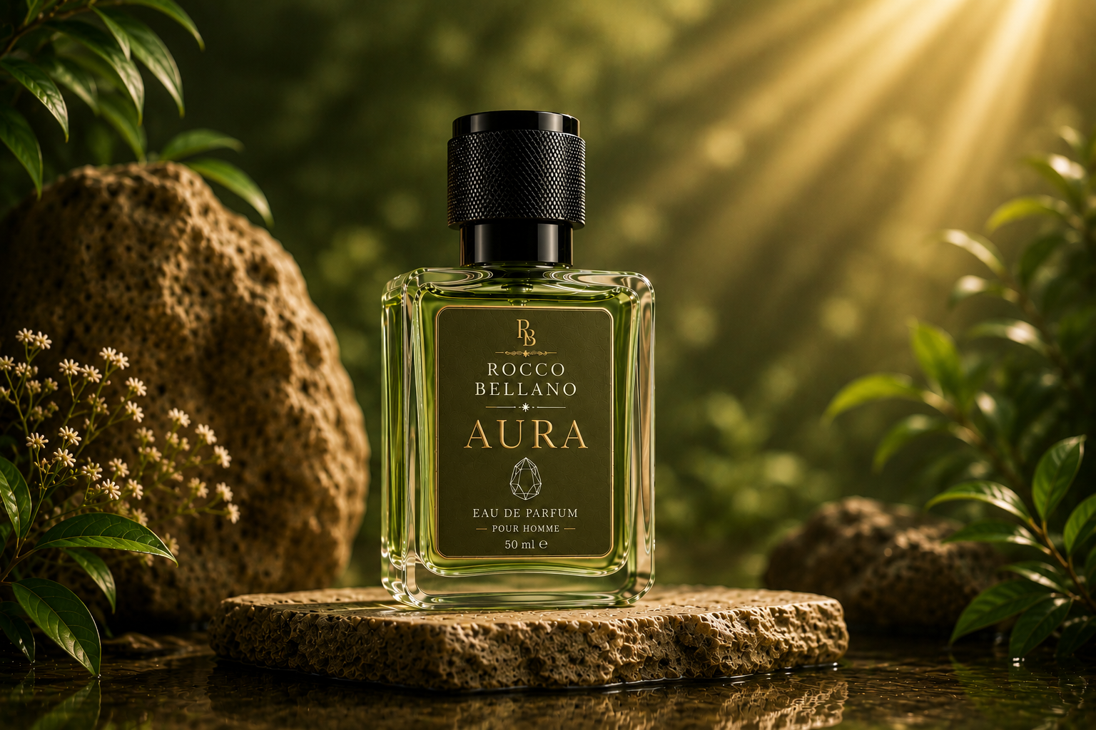Bottle of Boccio Bellano Aura perfume with natural background