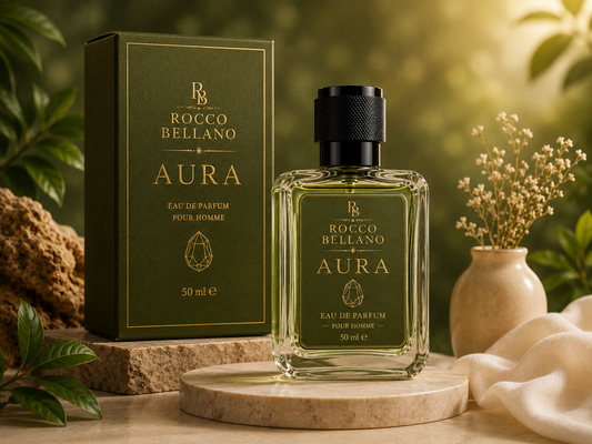 Rocco Bellano Aura perfume bottle and packaging on a decorative surface with plants.