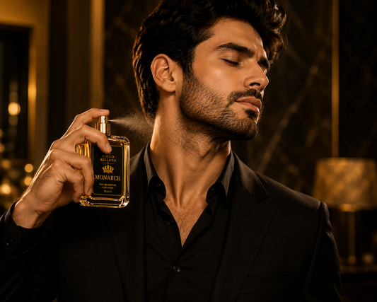 Man holding a perfume bottle labeled 'Monarch' in a dimly lit setting