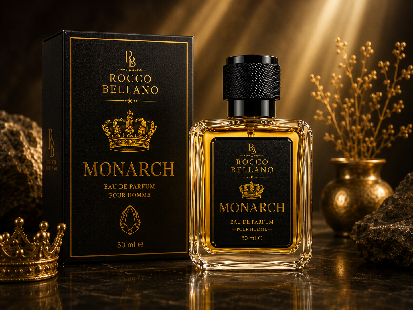 Rocco Bellano Monarch perfume bottle and packaging on a reflective surface with decorative elements.