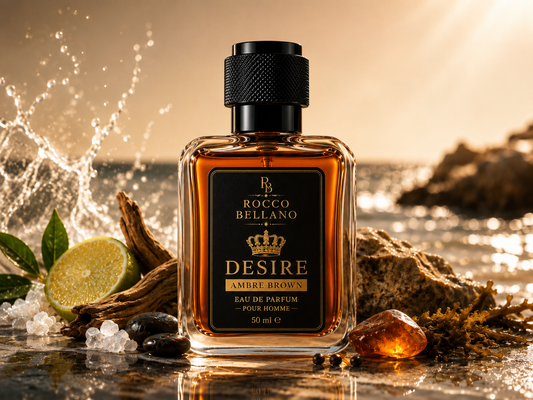 Rocco Bellano Desire Amber Brown perfume bottle with a scenic background