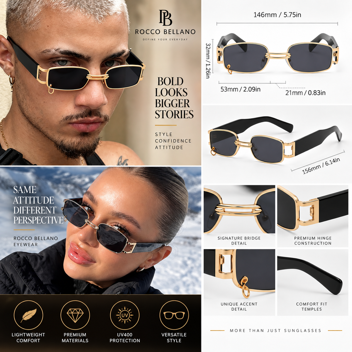 Rectangular Gold Black Sunglasses for Women | Rocco Bellano