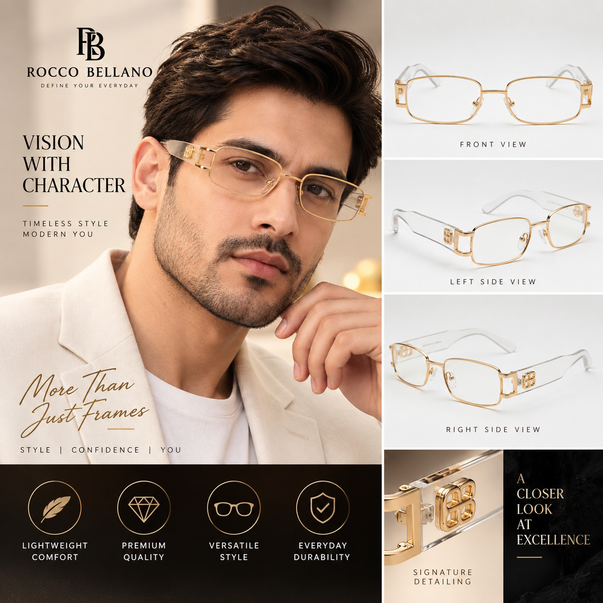 Rectangular Gold Black Sunglasses for Women | Rocco Bellano