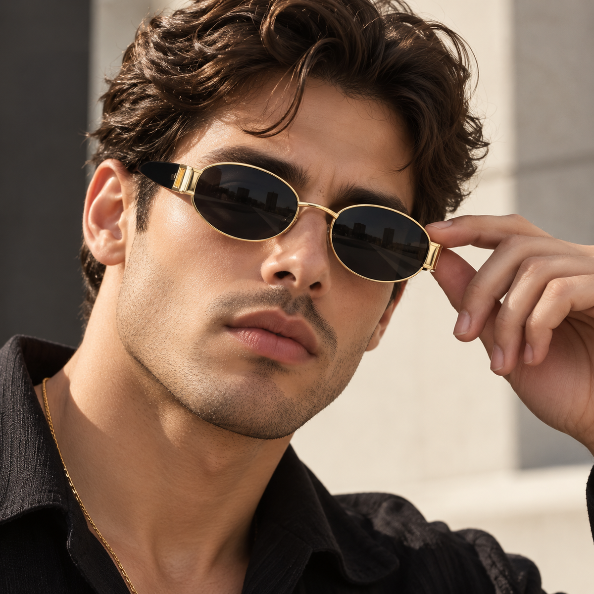 Rocco Bellano Gold Oval Sunglasses with Brown Lenses for Men & Women