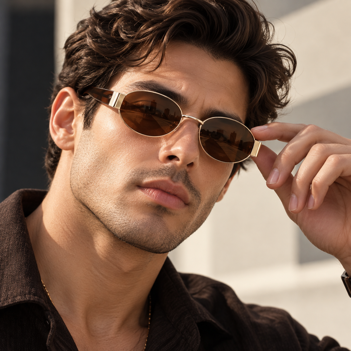 Rocco Bellano Gold Oval Sunglasses with Brown Lenses for Men & Women