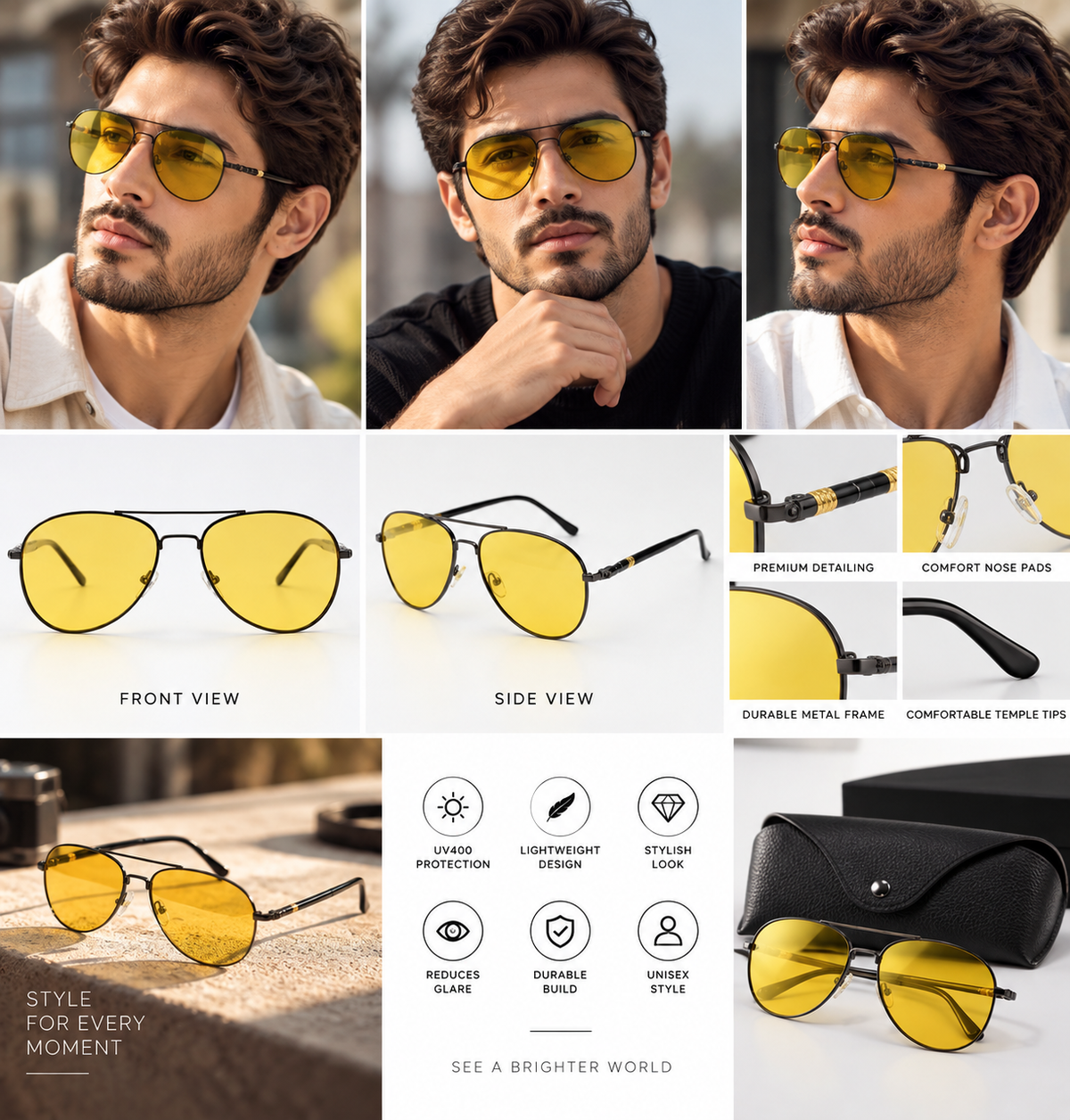 Rocco Bellano Yellow Lens Aviator Sunglasses – Black Frame