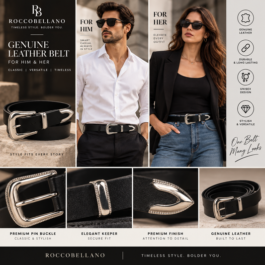 ROCCOBELLANO- Genuine Unisex Leather Belt – Waist Belt with Classic Pin Buckle for Formal, Party & Casual Wear