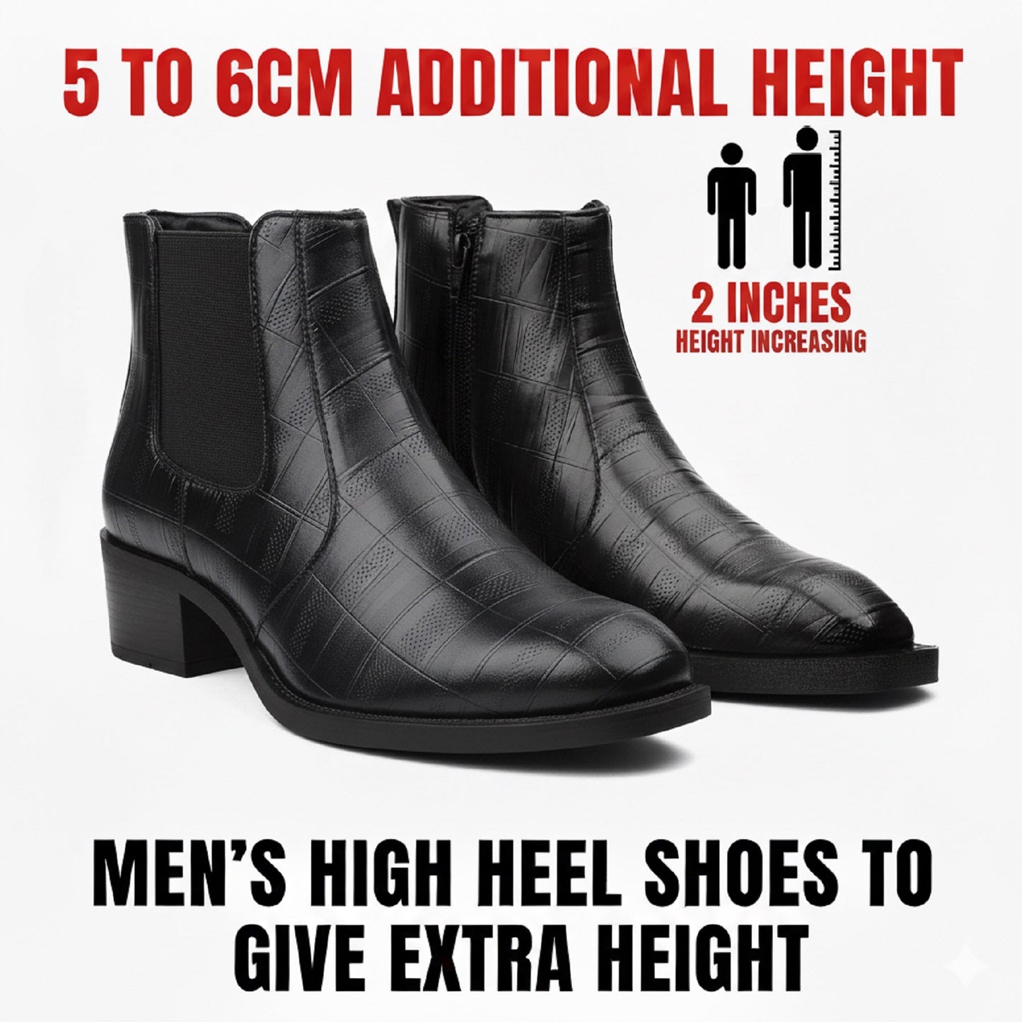 Black men's high heel shoes with text indicating additional height and increasing height.