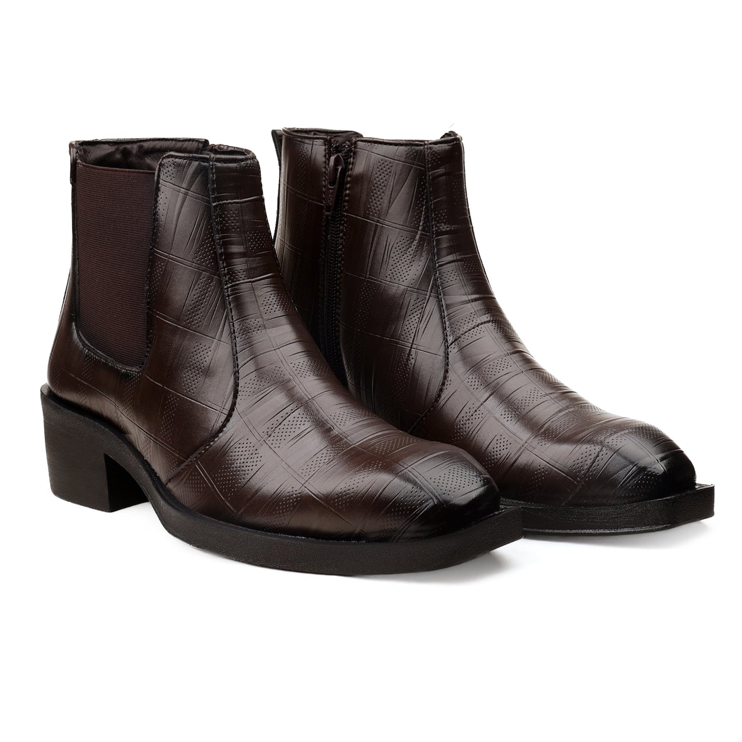 Pair of brown leather boots with a textured pattern on a white background
