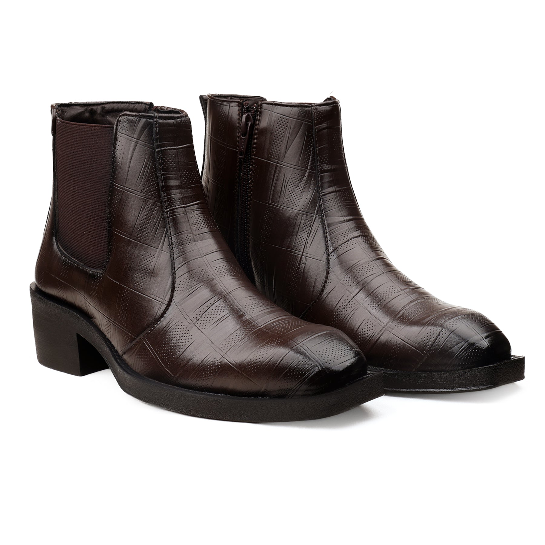 Pair of brown leather boots with a textured pattern on a white background