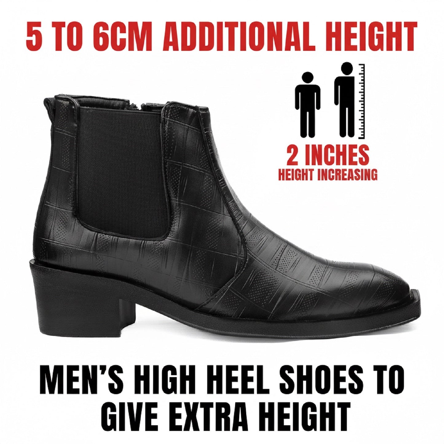 Black men's high heel shoe with height increase information on a white background