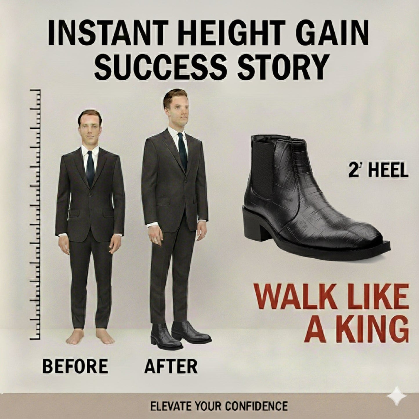 Before and after comparison of a person wearing 2' heel boots with text about height gain and confidence.