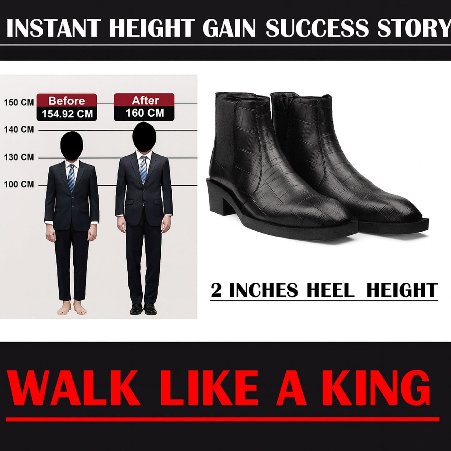 Black boots with height gain measurement chart and text 'Walk Like a King' on a white background
