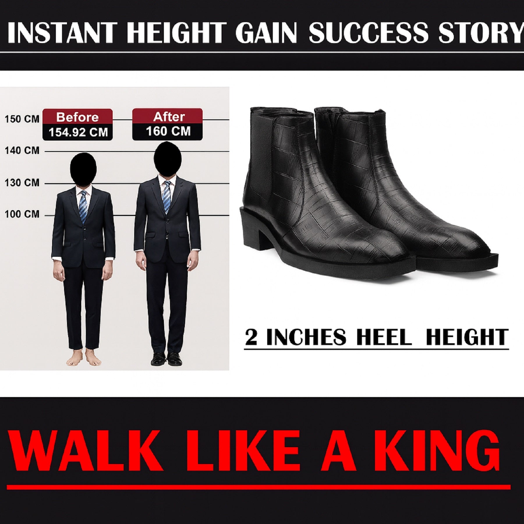 Black boots with height gain measurement chart and text 'Walk Like a King' on a white background