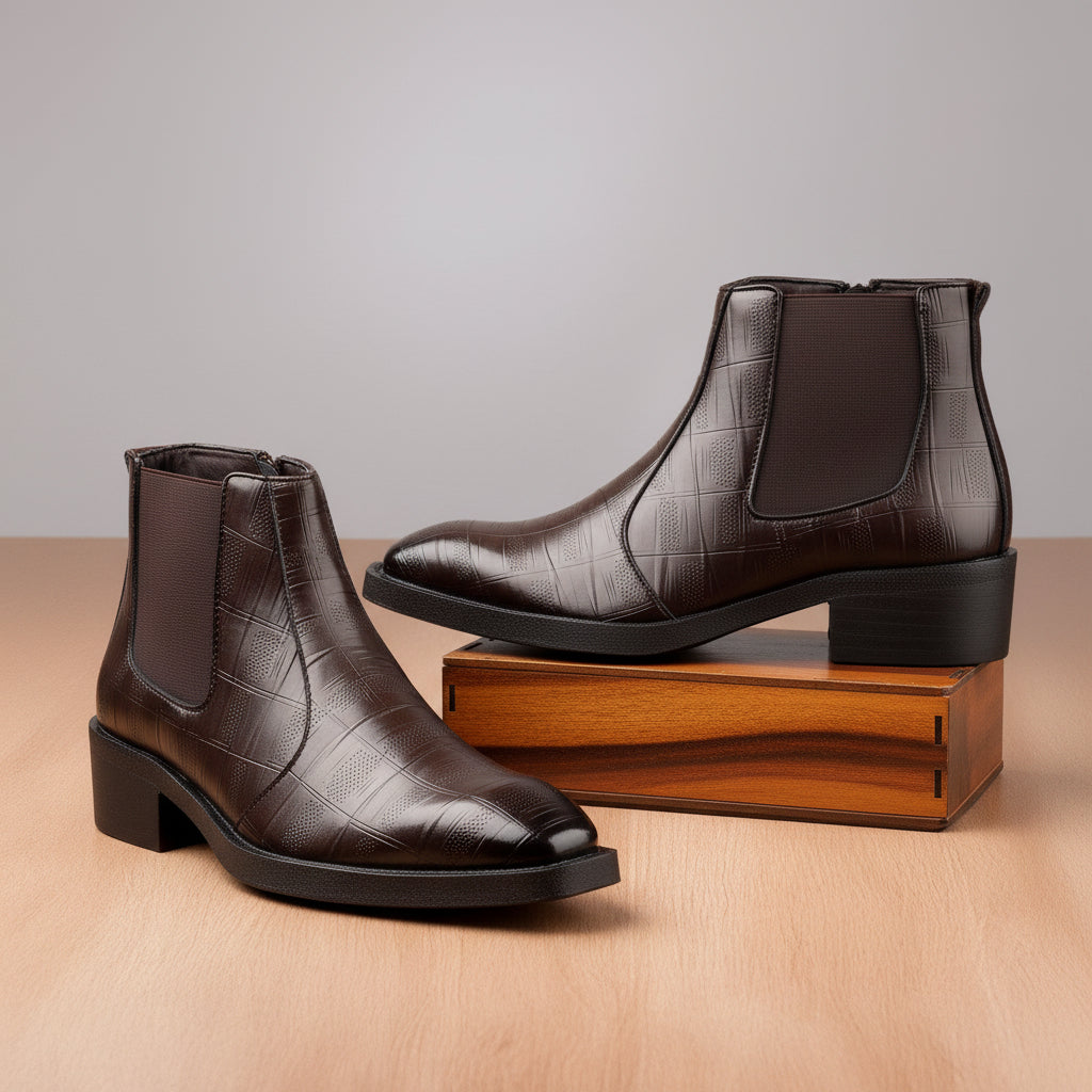 Pair of brown leather boots on a wooden surface with a neutral background