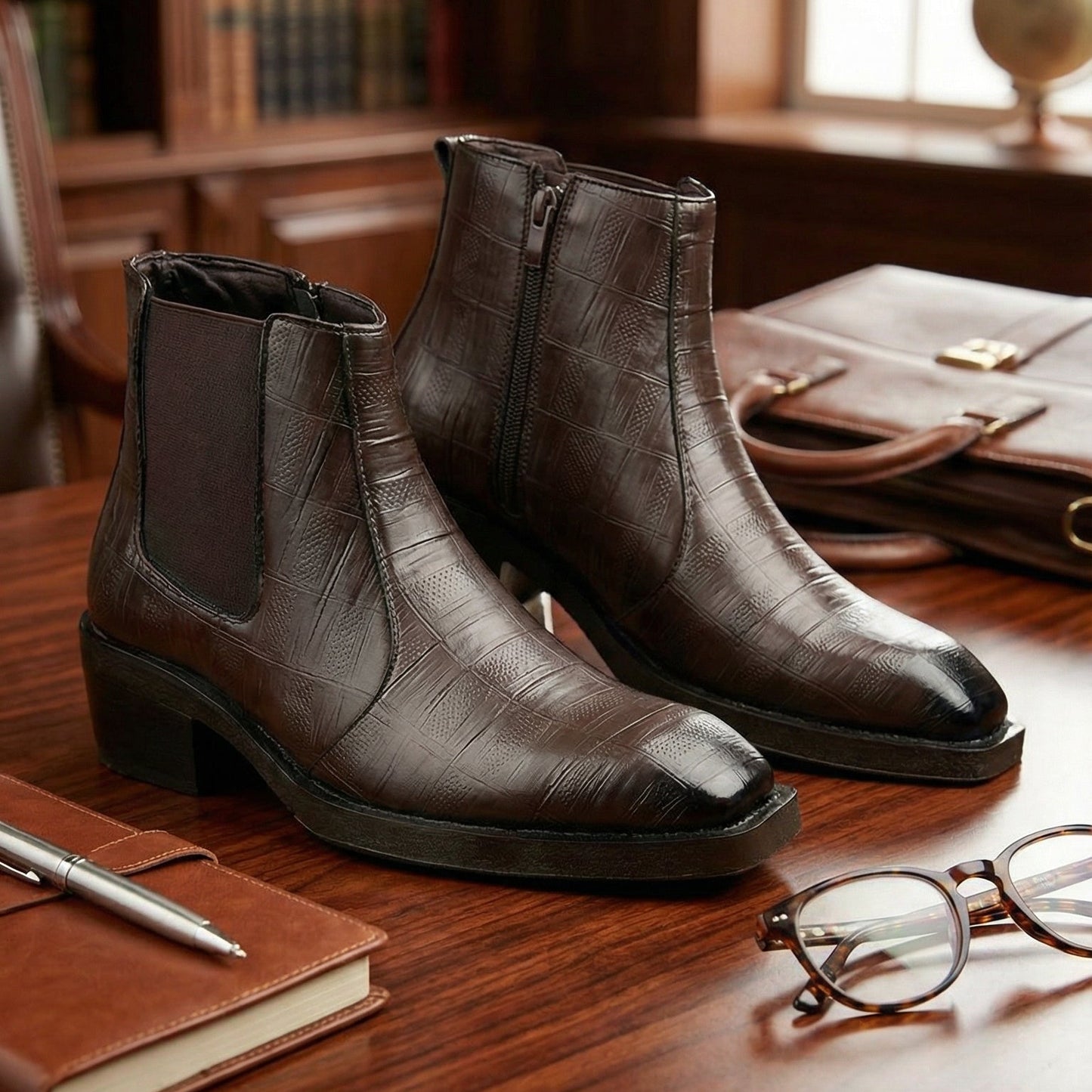 Pair of brown leather boots on a wooden desk with books and glasses.