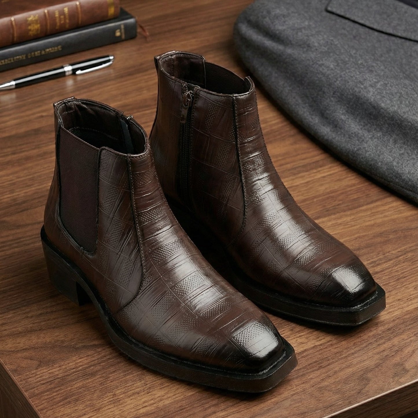 Pair of brown leather boots on a wooden surface with gray pants and books in the background.