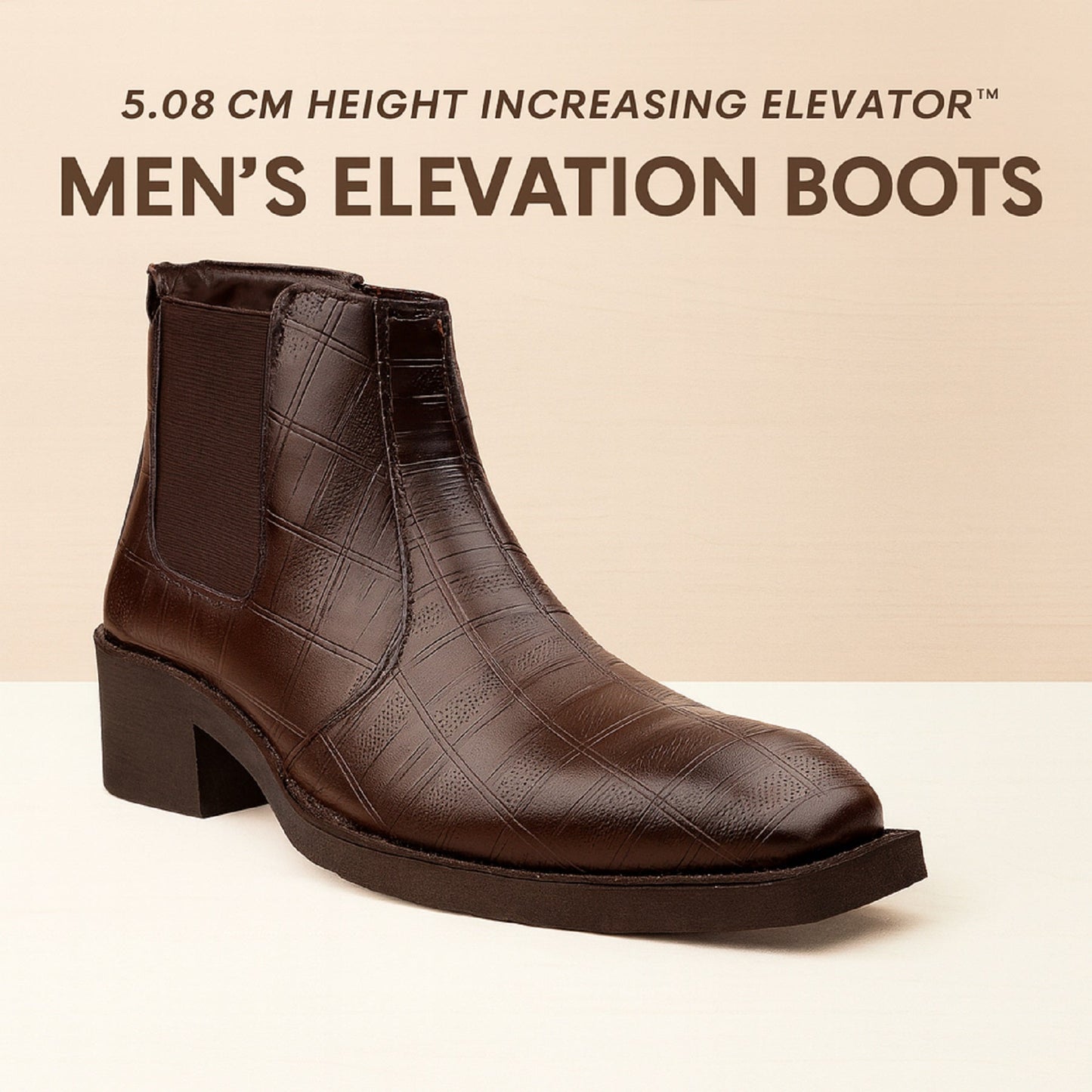 Brown men's elevation boot with text about height increasing feature on a beige background