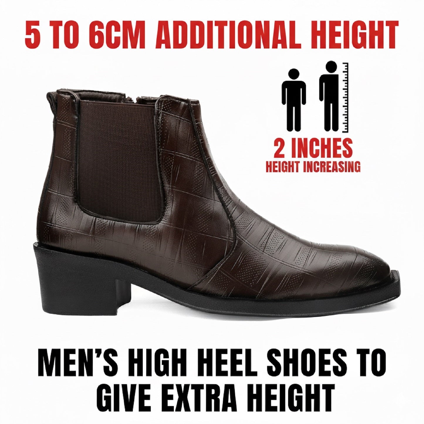 Brown men's high heel shoes with text about height increase on a white background