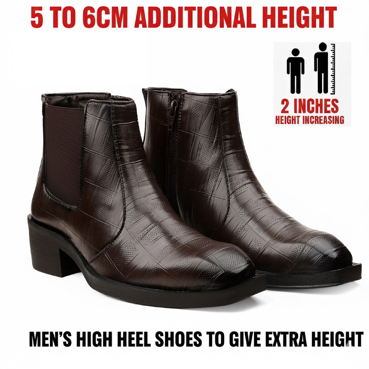 Brown men's high heel shoes with text indicating additional height and brand logo.