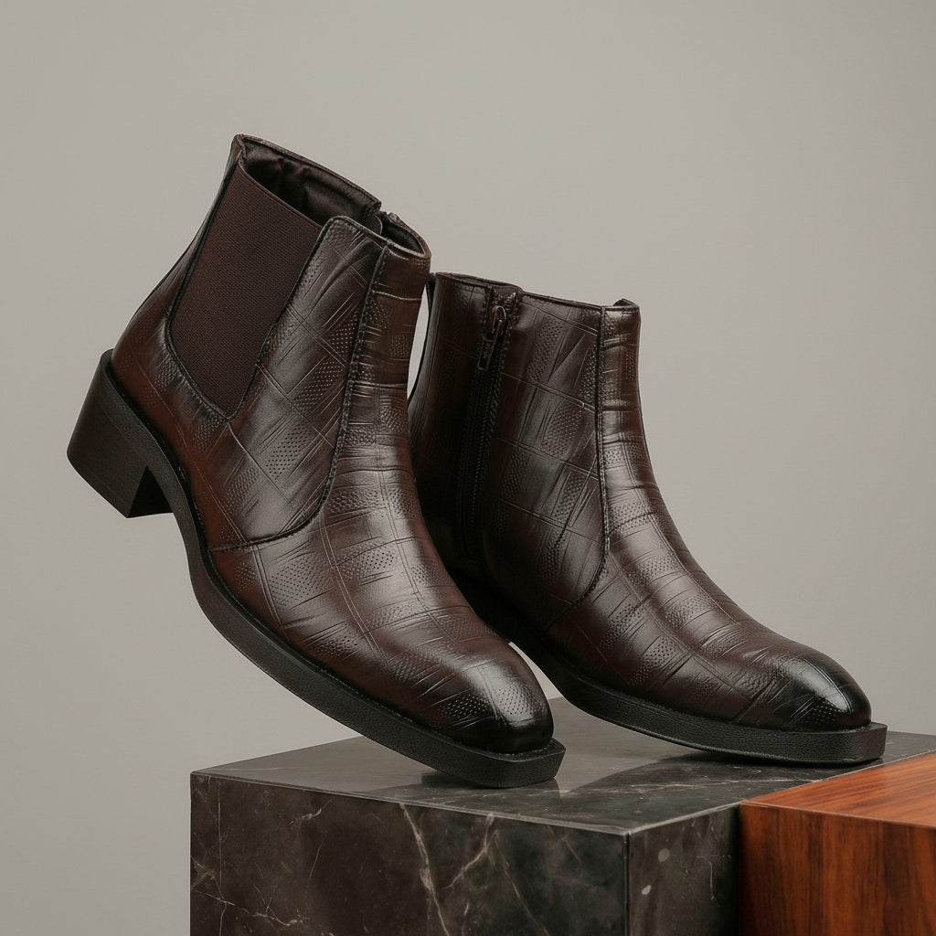 A pair of dark brown textured ankle boots with elastic side panels, displayed on a dark marble block against a warm brown background with a dried palm leaf and terracotta vase.