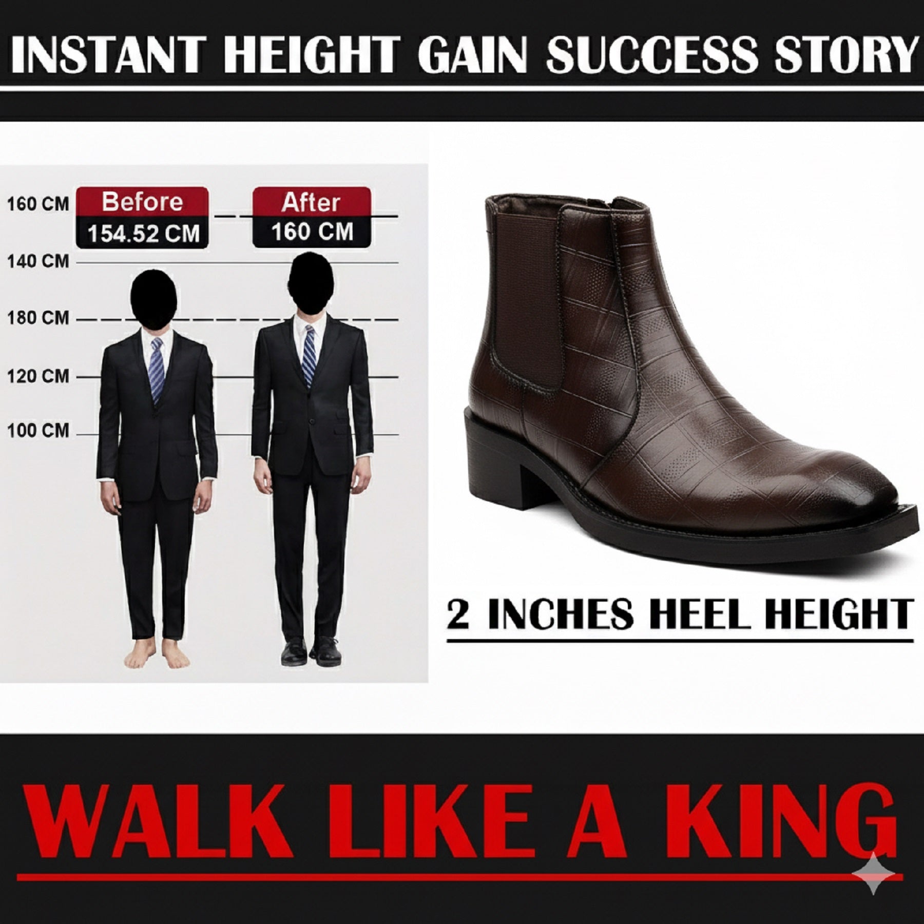 Promotional graphic for height-increasing shoes with a before-and-after height measurement chart and a boot displayed.