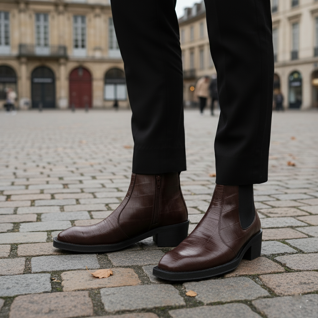 Brown leather boots worn with black pants on a cobblestone street.